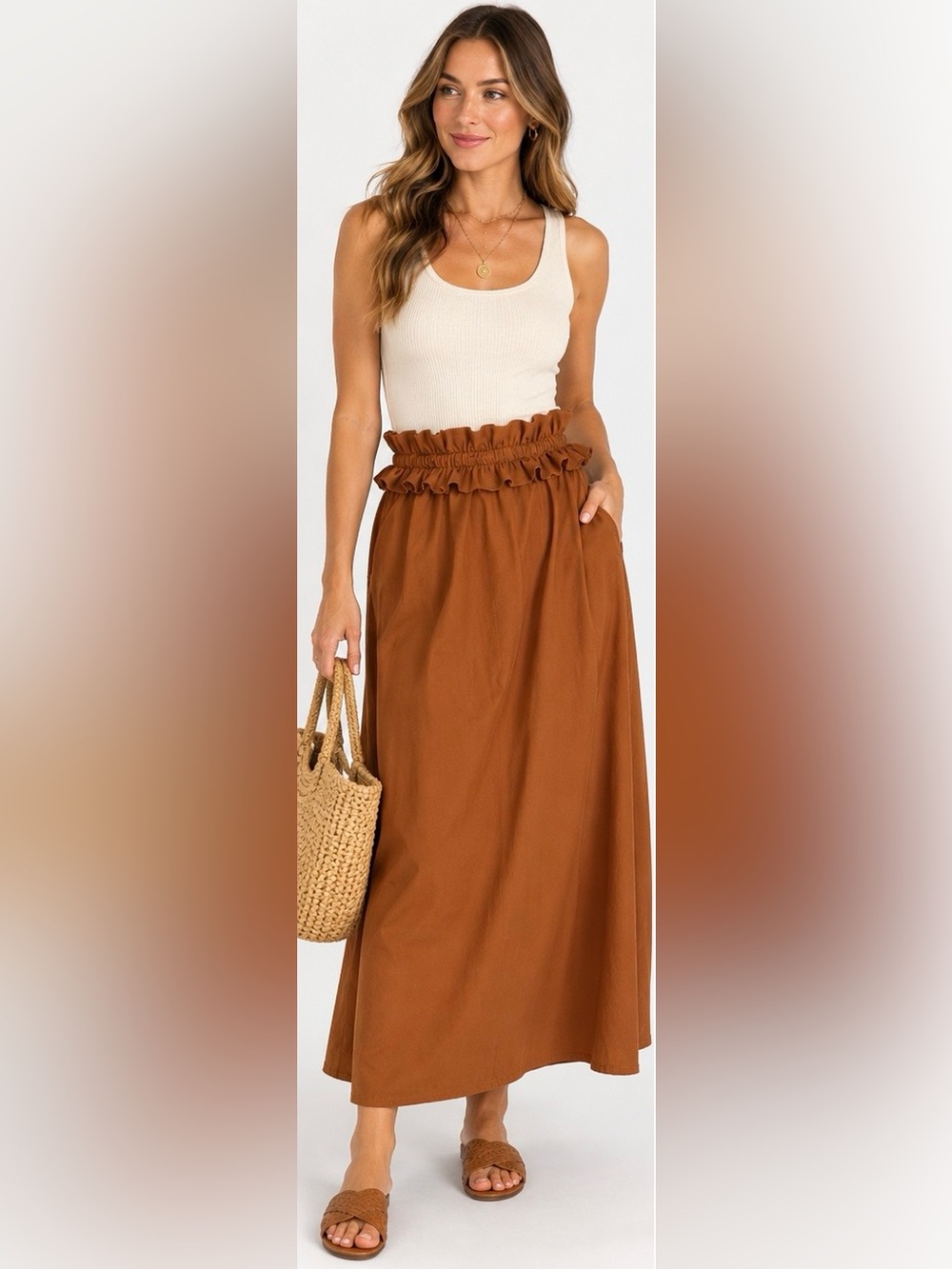 STARK X Rust Cotton Ruffle Paperbag Waist Long Skirt M USA Fall Cottagecore Boho